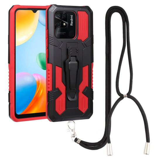 For Xiaomi Redmi 10C Lanyard Mecha Armor Kickstand PC + TPU Phone Case(Red)