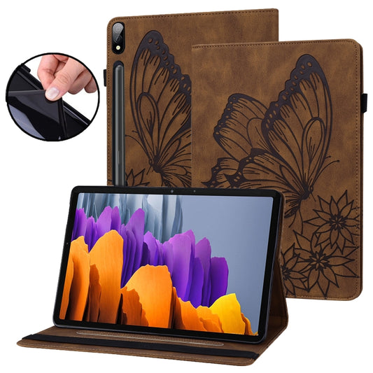 For Samsung Galaxy Tab S7 T870 Big Butterfly Embossed Leather Tablet Case(Brown) by buy2fix