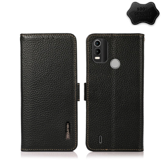 For Nokia C21 Plus KHAZNEH Side-Magnetic Litchi Genuine Leather RFID Phone Case(Black) - Nokia Cases by buy2fix | Online Shopping UK | buy2fix
