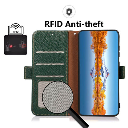 For Nokia C21 Plus KHAZNEH Side-Magnetic Litchi Genuine Leather RFID Phone Case(Green) - Nokia Cases by buy2fix | Online Shopping UK | buy2fix