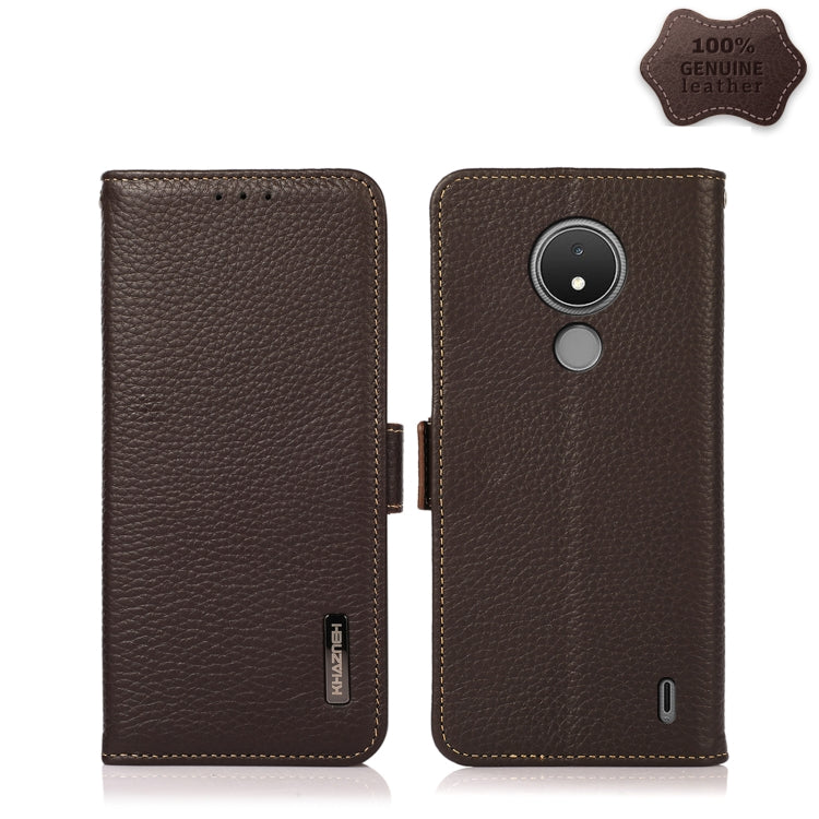 For Nokia C21 KHAZNEH Side-Magnetic Litchi Genuine Leather RFID Phone Case(Brown) - Nokia Cases by buy2fix | Online Shopping UK | buy2fix