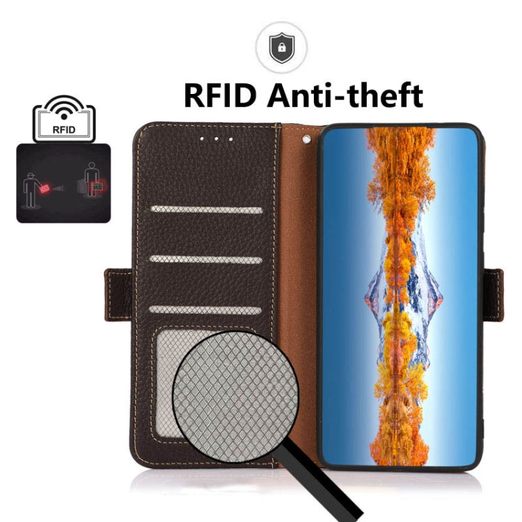 For Nokia C21 KHAZNEH Side-Magnetic Litchi Genuine Leather RFID Phone Case(Brown) - Nokia Cases by buy2fix | Online Shopping UK | buy2fix