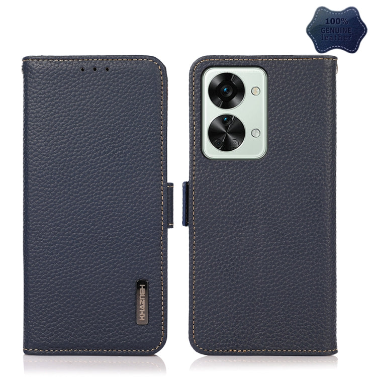 For OnePlus Nord 2T 5G KHAZNEH Litchi Texture RFID Genuine Leather Phone Case(Blue) - OnePlus Cases by buy2fix | Online Shopping UK | buy2fix