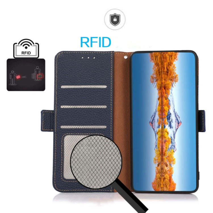 For OnePlus Nord 2T 5G KHAZNEH Litchi Texture RFID Genuine Leather Phone Case(Blue) - OnePlus Cases by buy2fix | Online Shopping UK | buy2fix