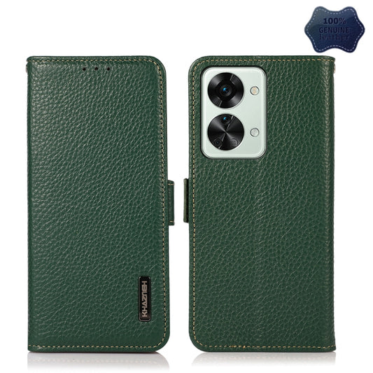 For OnePlus Nord 2T 5G KHAZNEH Litchi Texture RFID Genuine Leather Phone Case(Green) - OnePlus Cases by buy2fix | Online Shopping UK | buy2fix