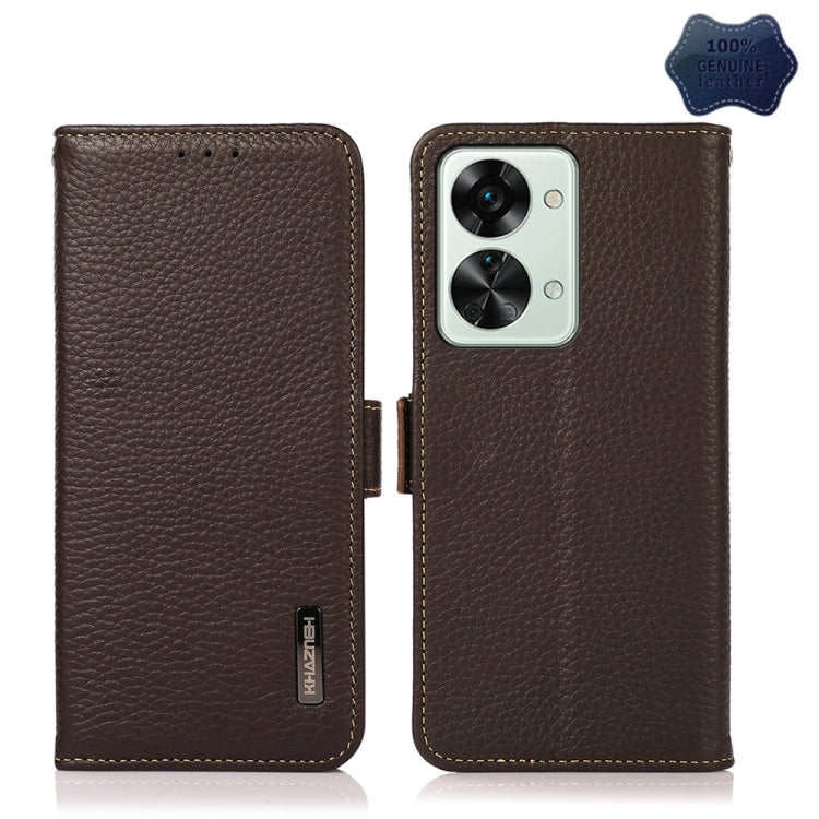 For OnePlus Nord 2T 5G KHAZNEH Litchi Texture RFID Genuine Leather Phone Case(Brown) - OnePlus Cases by buy2fix | Online Shopping UK | buy2fix
