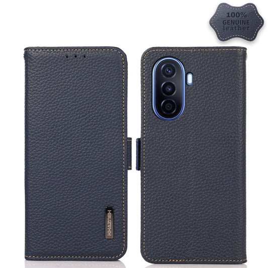 For Huawei nova Y70 Plus KHAZNEH Side-Magnetic Litchi Genuine Leather RFID Phone Case(Blue) - Huawei Cases by buy2fix | Online Shopping UK | buy2fix