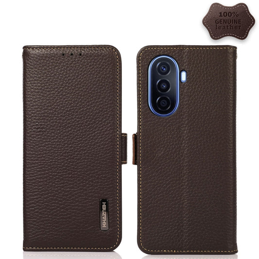 For Huawei nova Y70 Plus KHAZNEH Side-Magnetic Litchi Genuine Leather RFID Phone Case(Brown) - Huawei Cases by buy2fix | Online Shopping UK | buy2fix