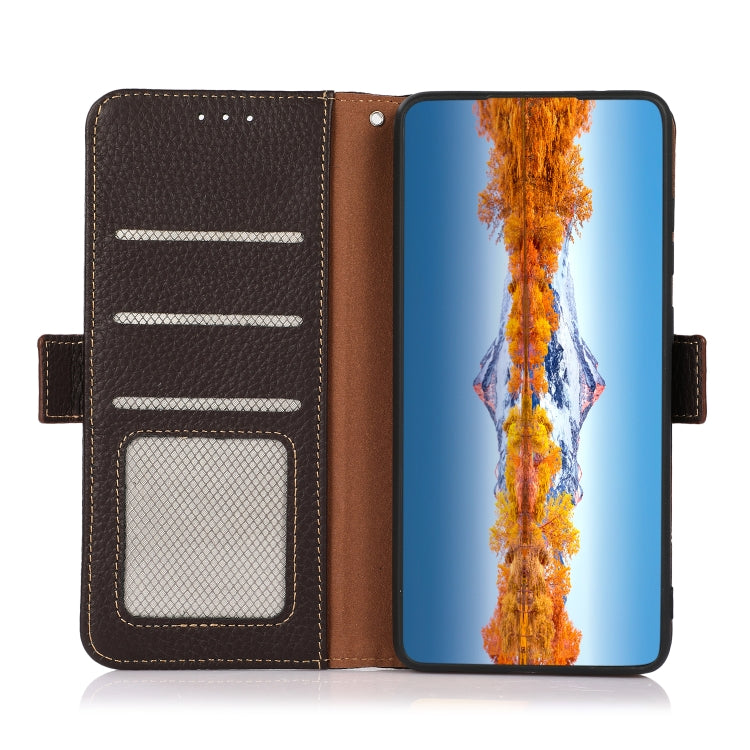 For Huawei nova Y70 Plus KHAZNEH Side-Magnetic Litchi Genuine Leather RFID Phone Case(Brown) - Huawei Cases by buy2fix | Online Shopping UK | buy2fix