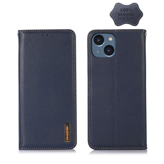 For iPhone 14 Plus KHAZNEH Nappa Top Layer Cowhide Leather Phone Case (Blue) - iPhone 14 Plus Cases by buy2fix | Online Shopping UK | buy2fix