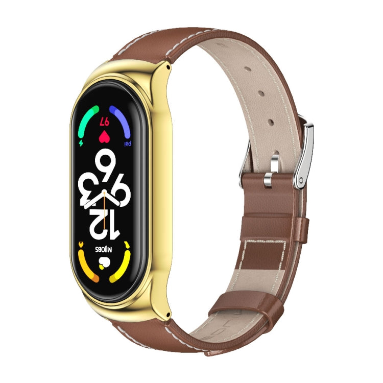 For Xiaomi Mi Band 7 / 7 NFC MIJOBS CS Metal Case Genuine Leather Top Layer Cowhide Watch Band(Brown Gold) - Watch Bands by MIJOBS | Online Shopping UK | buy2fix