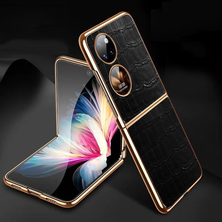 For Huawei P50 Pocket Genuine Leather Crocodile Texture Folding Phone Case(Black) - Huawei Cases by buy2fix | Online Shopping UK | buy2fix