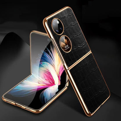 For Huawei P50 Pocket Genuine Leather Crocodile Texture Folding Phone Case(Black) - Huawei Cases by buy2fix | Online Shopping UK | buy2fix