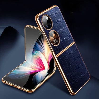 For Huawei P50 Pocket Genuine Leather Crocodile Texture Folding Phone Case(Blue) - Huawei Cases by buy2fix | Online Shopping UK | buy2fix