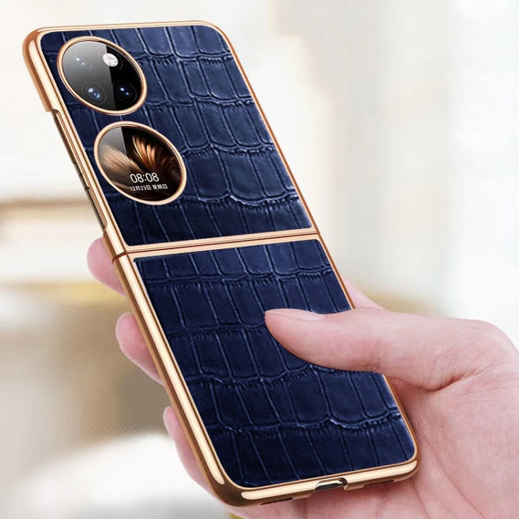 For Huawei P50 Pocket Genuine Leather Crocodile Texture Folding Phone Case(Blue) - Huawei Cases by buy2fix | Online Shopping UK | buy2fix