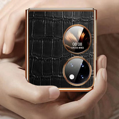 For Huawei P50 Pocket Genuine Leather Crocodile Texture Folding Phone Case(Brown) - Huawei Cases by buy2fix | Online Shopping UK | buy2fix