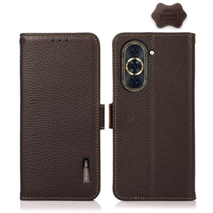 For Huawei Nova 10 KHAZNEH Side-Magnetic Litchi Genuine Leather RFID Phone Case(Brown) - Huawei Cases by buy2fix | Online Shopping UK | buy2fix