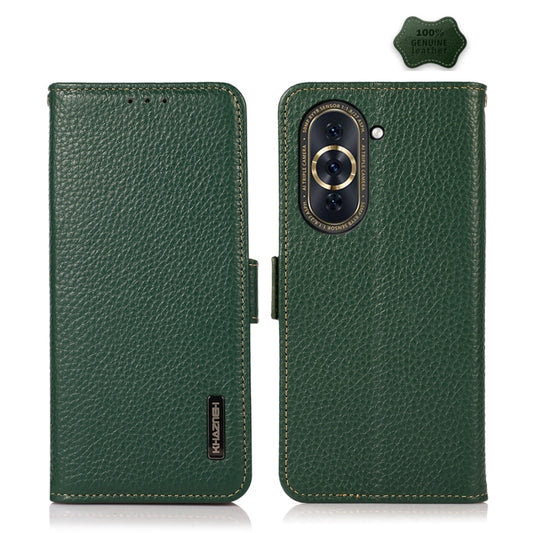 For Huawei Nova 10 Pro KHAZNEH Side-Magnetic Litchi Genuine Leather RFID Phone Case(Green) - Huawei Cases by buy2fix | Online Shopping UK | buy2fix