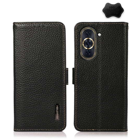 For Huawei Nova 10 Pro KHAZNEH Side-Magnetic Litchi Genuine Leather RFID Phone Case(Black) - Huawei Cases by buy2fix | Online Shopping UK | buy2fix