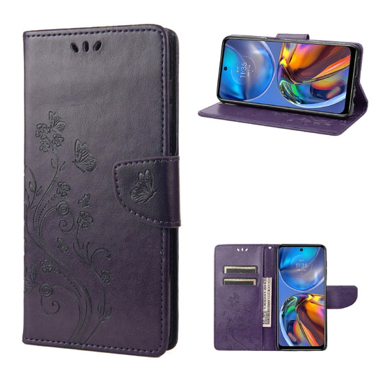 For Motorola Moto E32 Butterfly Flower Pattern Horizontal Flip Leather Phone Case with Card Slot & Holder(Dark Purple)