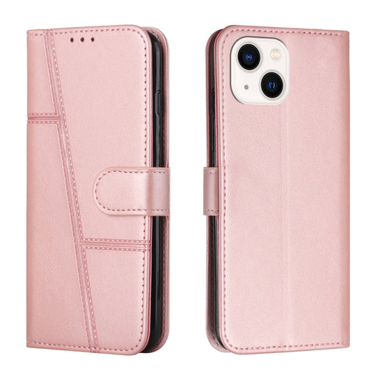 For iPhone 14 Plus Stitching Calf Texture Buckle Leather Phone Case (Pink)