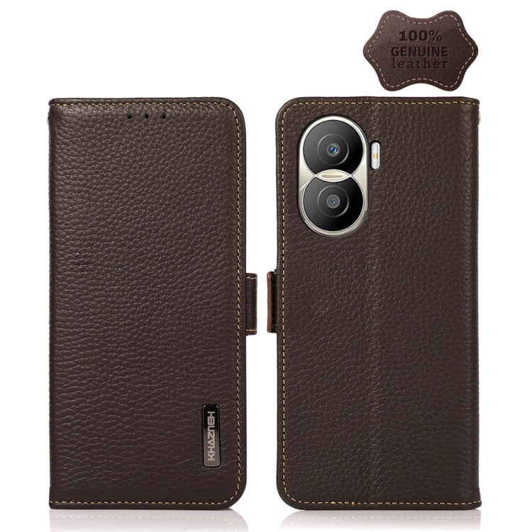 For Honor X40i KHAZNEH Side-Magnetic Litchi Texture Genuine Leather RFID Phone Case(Brown) - Honor Cases by buy2fix | Online Shopping UK | buy2fix