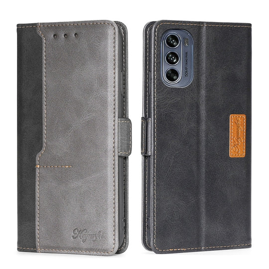 For Motorola Moto G62 5G Contrast Color Side Buckle Leather Phone Case(Black+Grey)