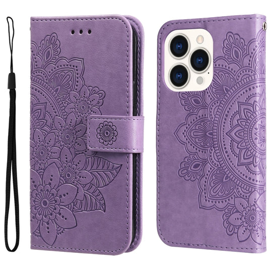 For iPhone 14 Pro 7-petal Flowers Embossing Leather Case(Light Purple)