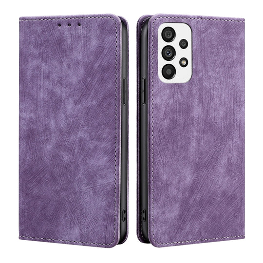 For Samsung Galaxy A73 5G RFID Anti-theft Brush Magnetic Leather Phone Case(Purple)