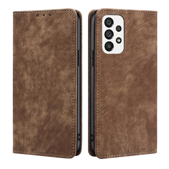 For Samsung Galaxy A73 5G RFID Anti-theft Brush Magnetic Leather Phone Case(Brown)