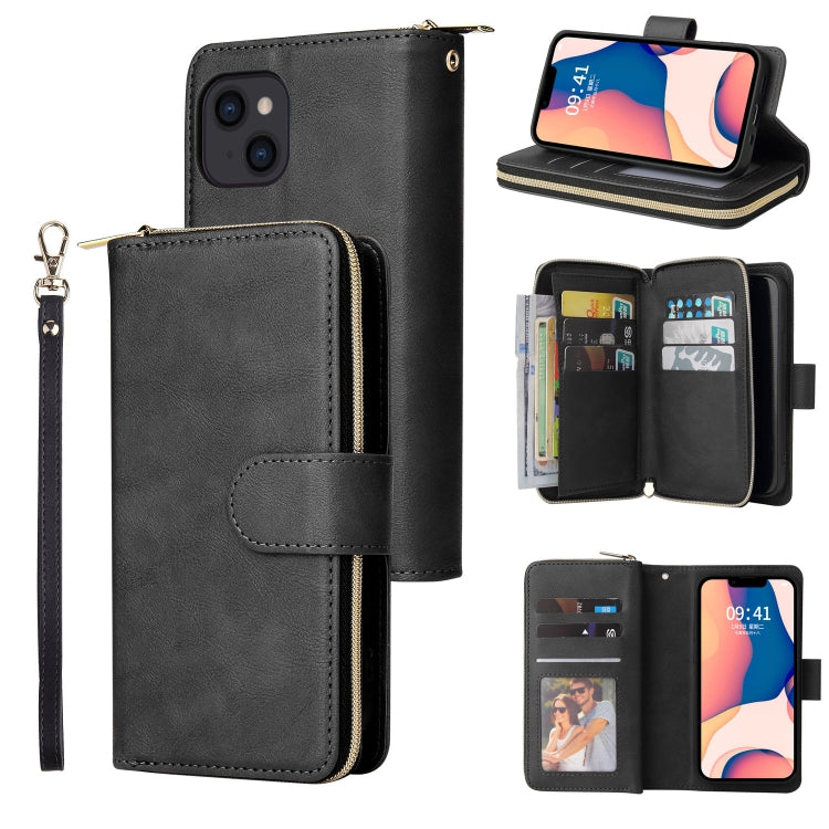 For iPhone 14 9 Card Slots Zipper Wallet Bag Leather Phone Case (Black) - iPhone 14 Cases by buy2fix | Online Shopping UK | buy2fix