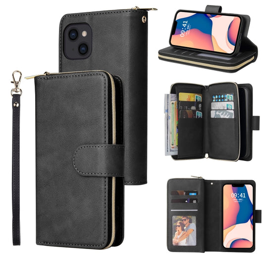 For iPhone 14 9 Card Slots Zipper Wallet Bag Leather Phone Case (Black) - iPhone 14 Cases by buy2fix | Online Shopping UK | buy2fix
