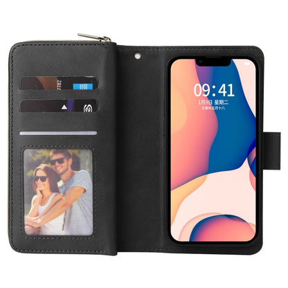 For iPhone 14 9 Card Slots Zipper Wallet Bag Leather Phone Case (Black) - iPhone 14 Cases by buy2fix | Online Shopping UK | buy2fix