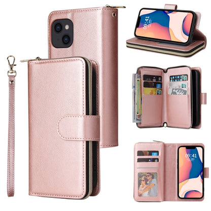 For iPhone 14 9 Card Slots Zipper Wallet Bag Leather Phone Case (Rose Gold) - iPhone 14 Cases by buy2fix | Online Shopping UK | buy2fix