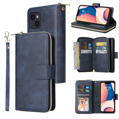For iPhone 14 9 Card Slots Zipper Wallet Bag Leather Phone Case (Blue) - iPhone 14 Cases by buy2fix | Online Shopping UK | buy2fix