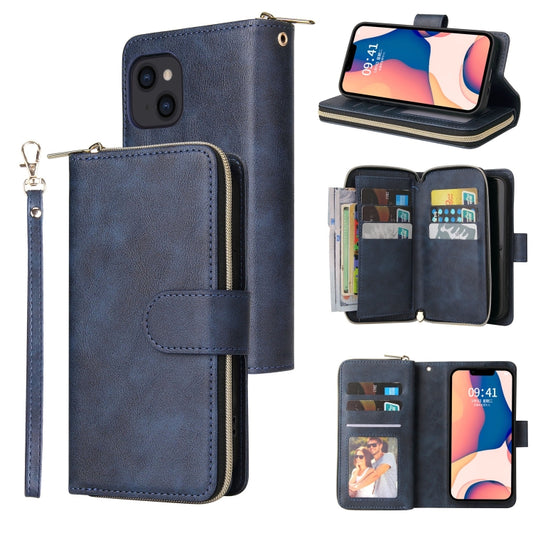 For iPhone 14 9 Card Slots Zipper Wallet Bag Leather Phone Case (Blue) - iPhone 14 Cases by buy2fix | Online Shopping UK | buy2fix
