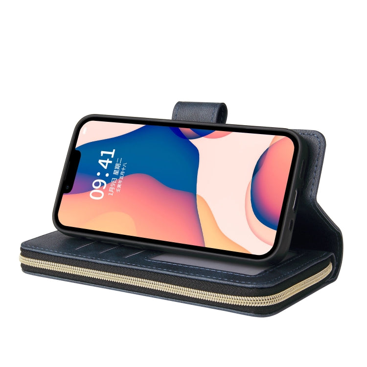 For iPhone 14 9 Card Slots Zipper Wallet Bag Leather Phone Case (Blue) - iPhone 14 Cases by buy2fix | Online Shopping UK | buy2fix