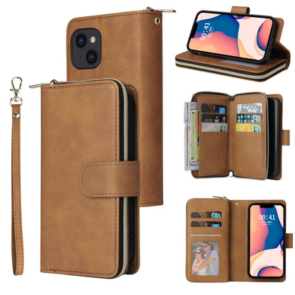 For iPhone 14 9 Card Slots Zipper Wallet Bag Leather Phone Case (Brown) - iPhone 14 Cases by buy2fix | Online Shopping UK | buy2fix