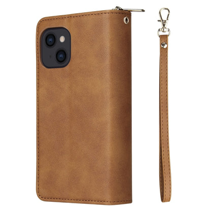 For iPhone 14 9 Card Slots Zipper Wallet Bag Leather Phone Case (Brown) - iPhone 14 Cases by buy2fix | Online Shopping UK | buy2fix