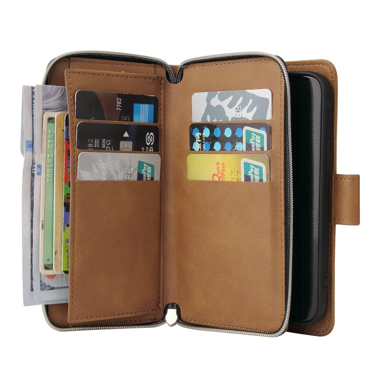 For iPhone 14 9 Card Slots Zipper Wallet Bag Leather Phone Case (Brown) - iPhone 14 Cases by buy2fix | Online Shopping UK | buy2fix