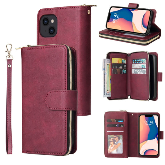 For iPhone 14 9 Card Slots Zipper Wallet Bag Leather Phone Case (Wine Red) - iPhone 14 Cases by buy2fix | Online Shopping UK | buy2fix