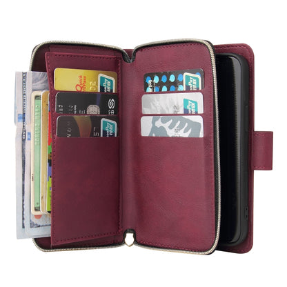 For iPhone 14 9 Card Slots Zipper Wallet Bag Leather Phone Case (Wine Red) - iPhone 14 Cases by buy2fix | Online Shopping UK | buy2fix
