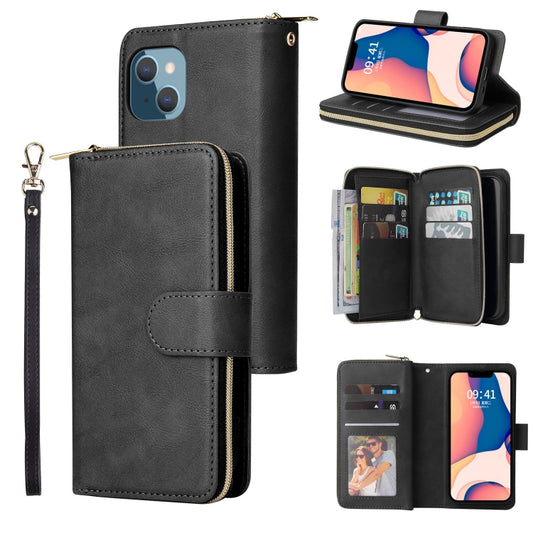For iPhone 14 Plus 9 Card Slots Zipper Wallet Bag Leather Phone Case (Black) - iPhone 14 Plus Cases by buy2fix | Online Shopping UK | buy2fix