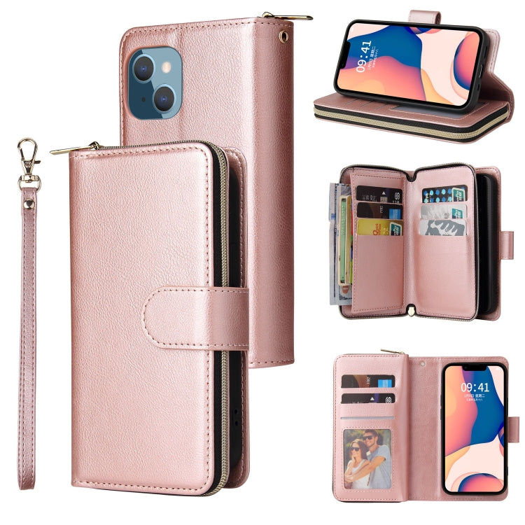 For iPhone 14 Plus 9 Card Slots Zipper Wallet Bag Leather Phone Case (Rose Gold) - iPhone 14 Plus Cases by buy2fix | Online Shopping UK | buy2fix