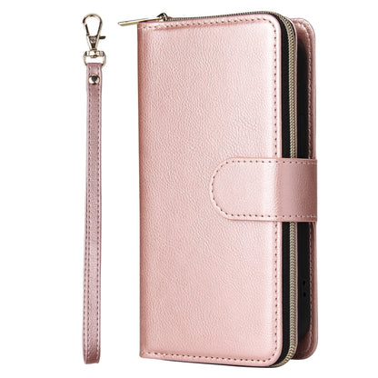 For iPhone 14 Plus 9 Card Slots Zipper Wallet Bag Leather Phone Case (Rose Gold) - iPhone 14 Plus Cases by buy2fix | Online Shopping UK | buy2fix