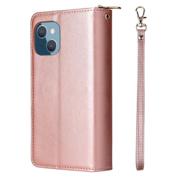 For iPhone 14 Plus 9 Card Slots Zipper Wallet Bag Leather Phone Case (Rose Gold) - iPhone 14 Plus Cases by buy2fix | Online Shopping UK | buy2fix