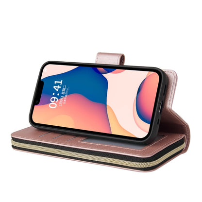 For iPhone 14 Plus 9 Card Slots Zipper Wallet Bag Leather Phone Case (Rose Gold) - iPhone 14 Plus Cases by buy2fix | Online Shopping UK | buy2fix