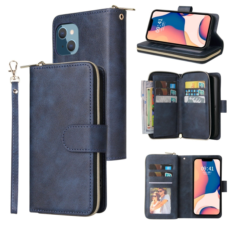 For iPhone 14 Plus 9 Card Slots Zipper Wallet Bag Leather Phone Case (Blue) - iPhone 14 Plus Cases by buy2fix | Online Shopping UK | buy2fix