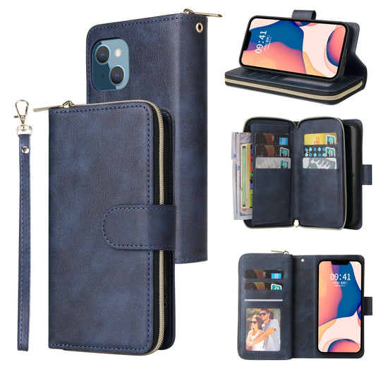 For iPhone 14 Plus 9 Card Slots Zipper Wallet Bag Leather Phone Case (Blue) - iPhone 14 Plus Cases by buy2fix | Online Shopping UK | buy2fix