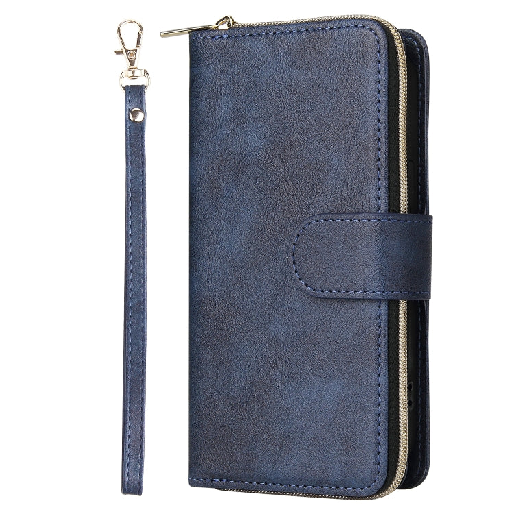 For iPhone 14 Plus 9 Card Slots Zipper Wallet Bag Leather Phone Case (Blue) - iPhone 14 Plus Cases by buy2fix | Online Shopping UK | buy2fix